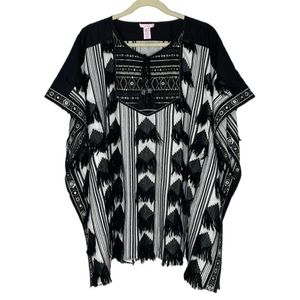 CALYPSO ST BARTH BOHO AZTEC STYLE SWIM COVERUP / PONCHO BLACK AND WHITE w/ BLING